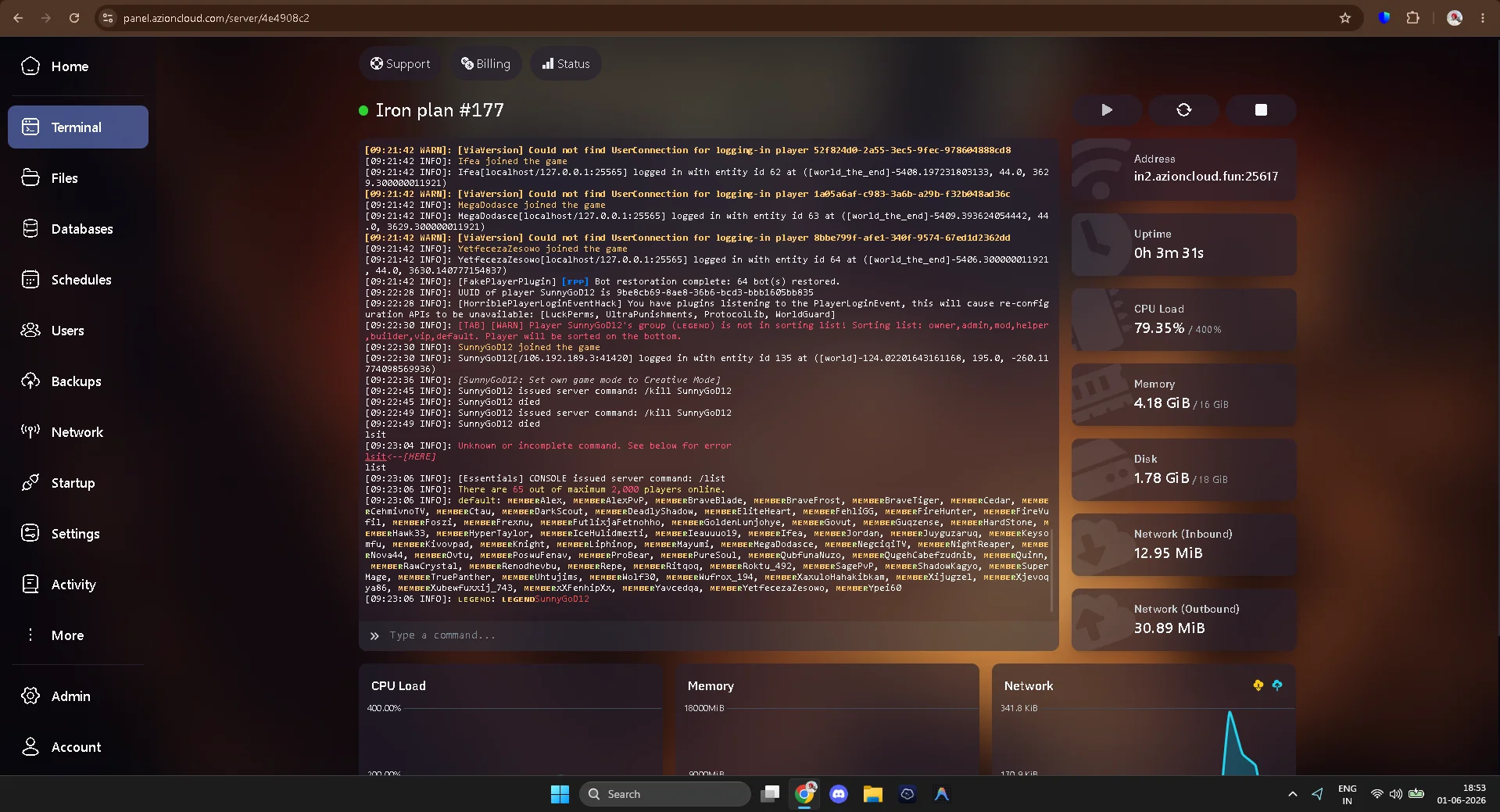 Azion Cloud Minecraft server console panel showing live terminal output, player connections, CPU load at 79%, memory usage 4.18 GiB, and network statistics