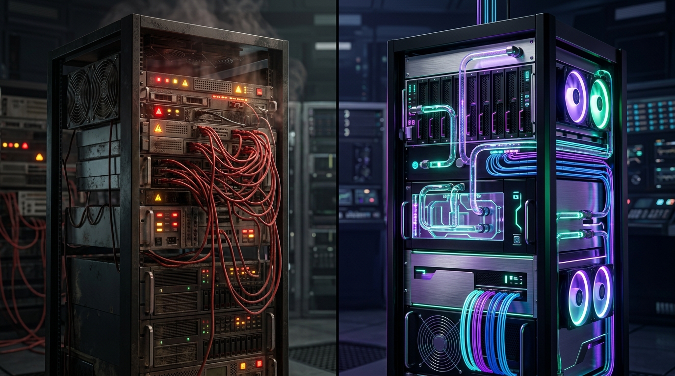 Split Comparison of Chaotic Outdated Server Rack vs Modern Enterprise Server Blade