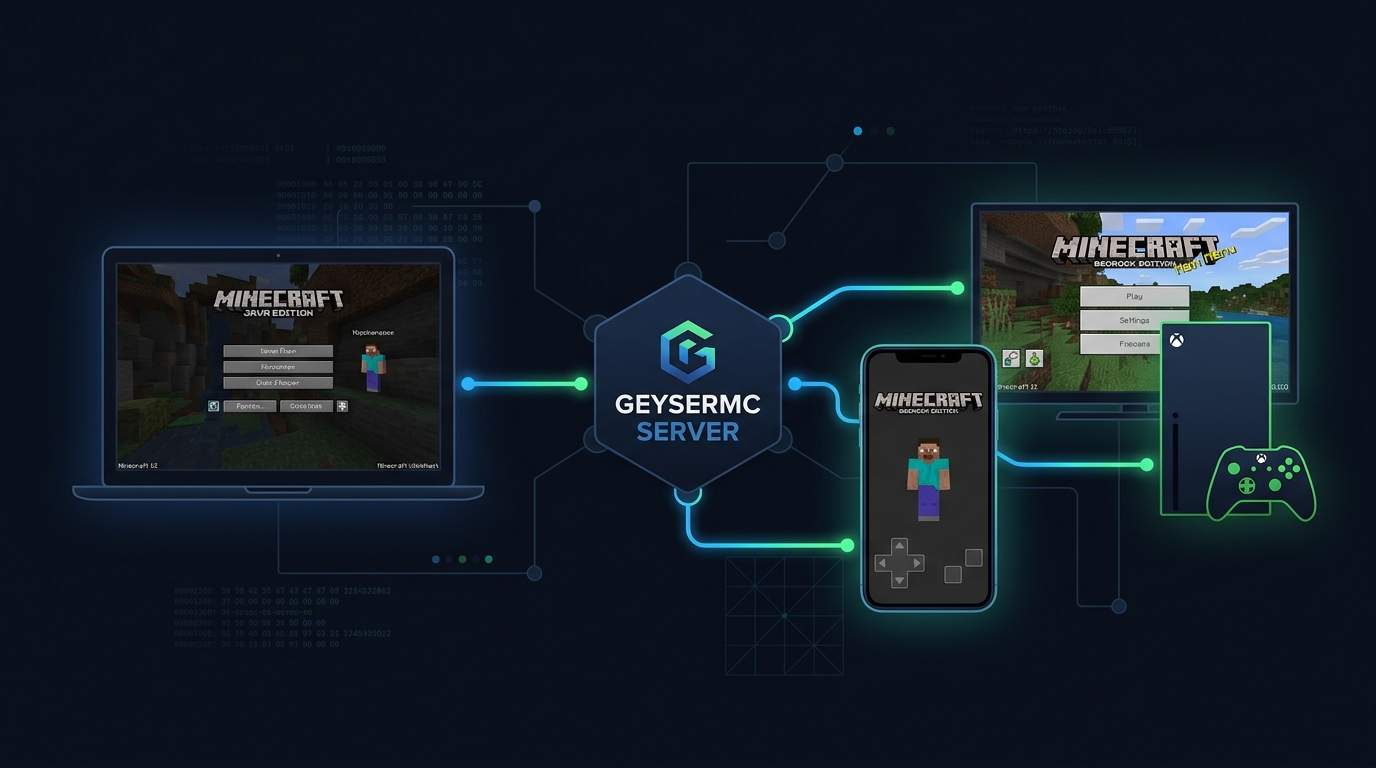 GeyserMC crossplay diagram showing Java PC, Bedrock mobile, and Xbox connecting to one server