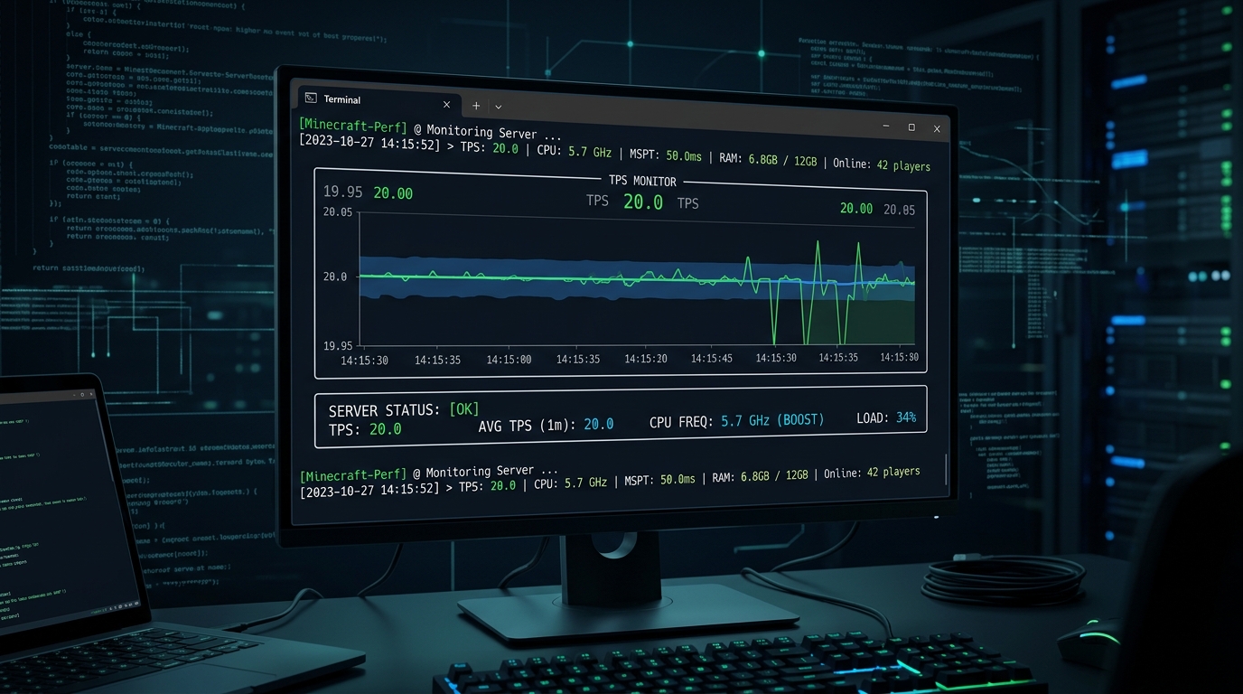 Minecraft TPS monitoring terminal showing 20.0 TPS and CPU frequency