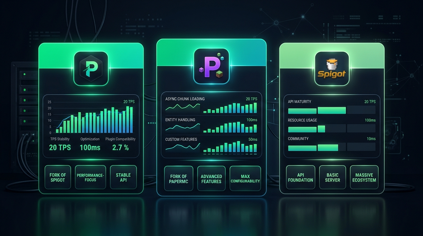 PaperMC vs Purpur vs Spigot server software comparison cards